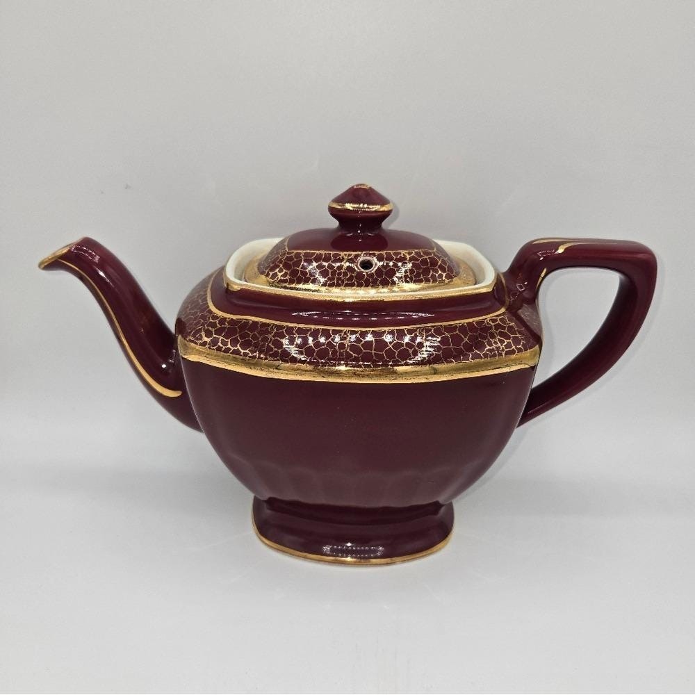 Vintage Hall China Maroon‎ Gold Crackle Teapot 0113 6 Cup Ceramic Made in USA